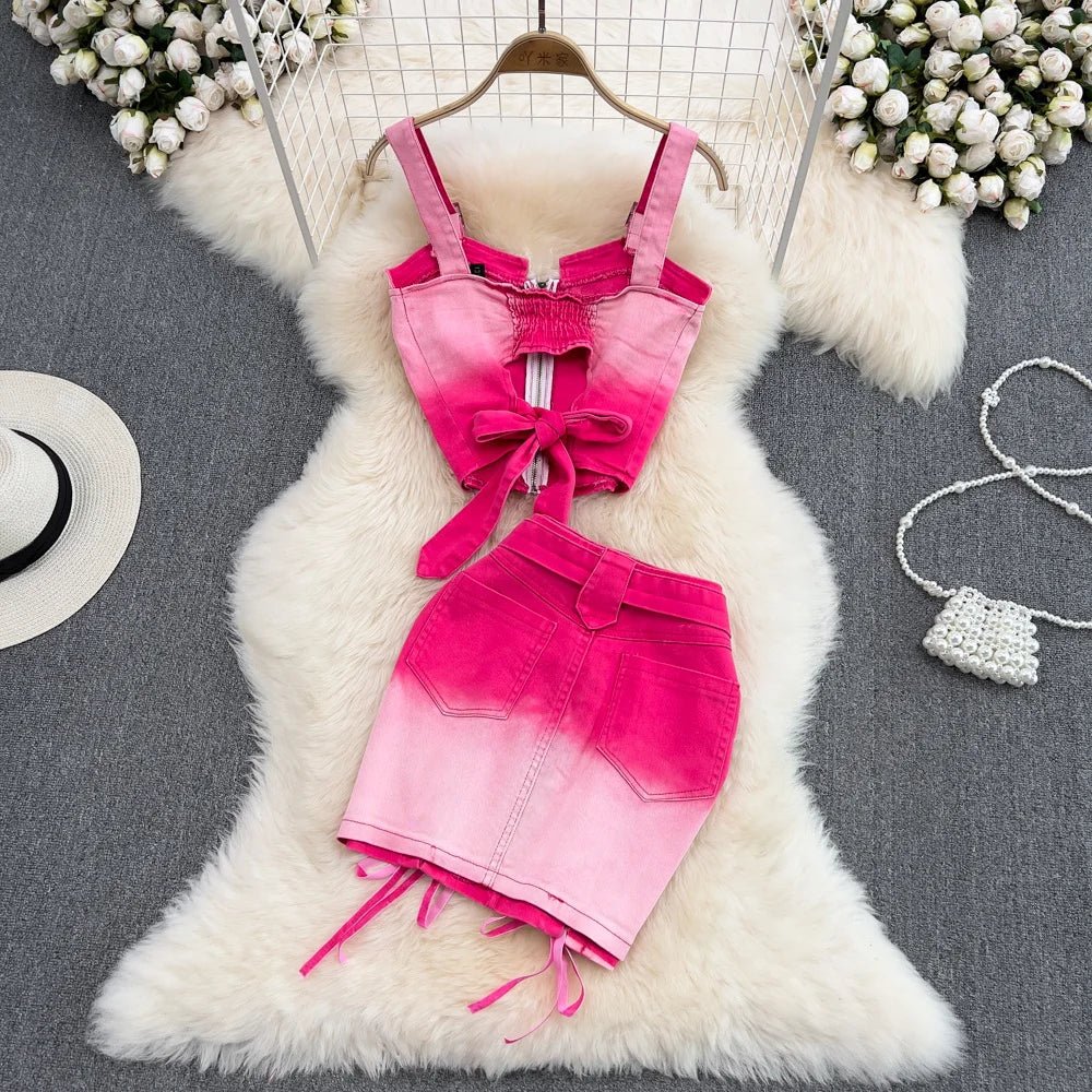 A two-piece set of pink gradient jeans skirts, a sleeveless camisole vest top, and a mini bodycon strap skirt, perfect for summer fashion.