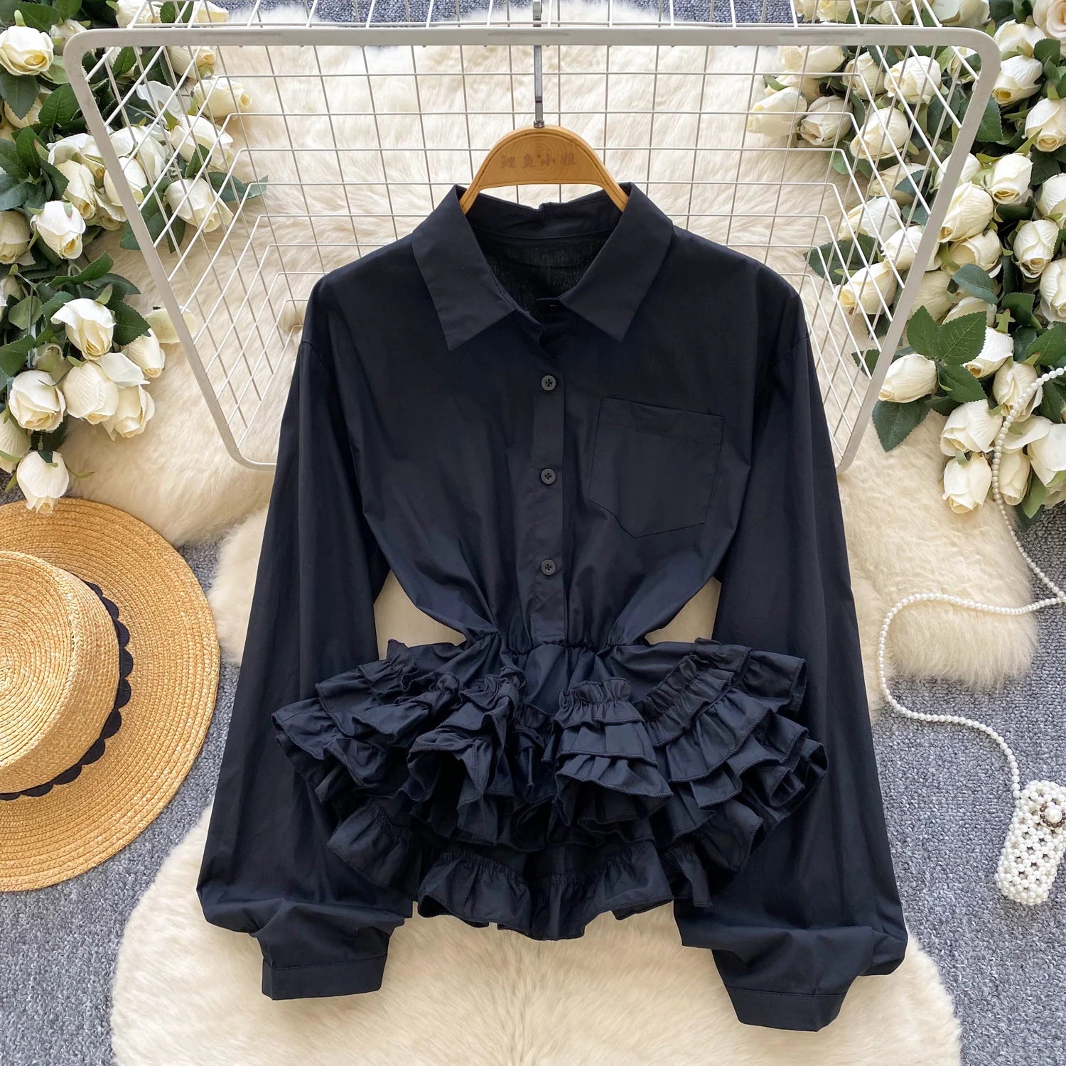 Ele Long Sve irt Women's Faionable Gathered Waist Lace Trim Top Luxury Sensation Spring Autumn Seasonal Lightweight