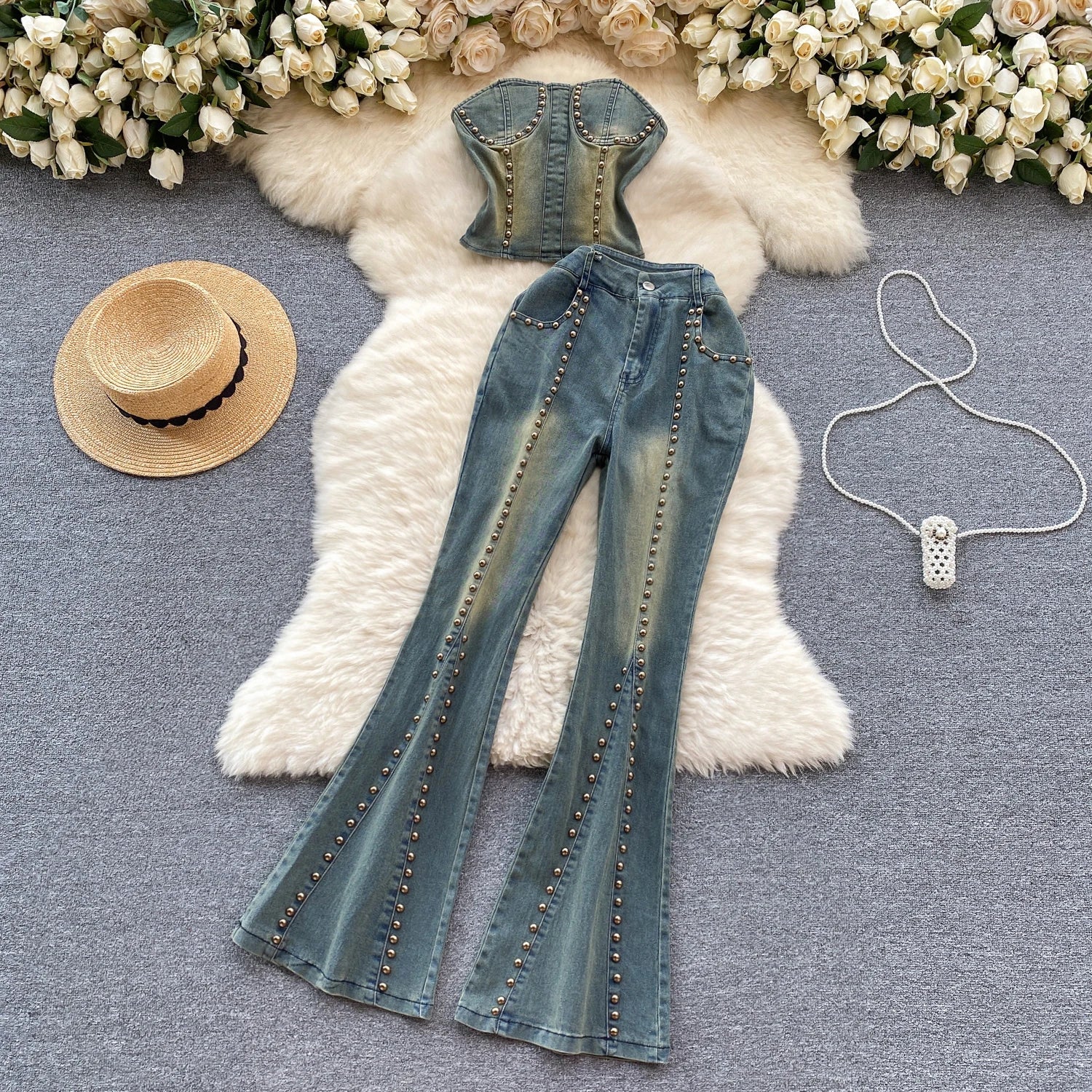 Women Denim 2 Piece Sets Jeans Flare Pants Strapless Top Sleeveless Boot Cut Trousers Outfits Embroidered Flares Summer Suit