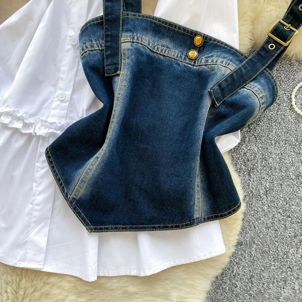 Spring Autumn Commute Sle Women's Faion Slimming Two-Piece Set High Waist Denim Belted Top Bot Ensemble Office Ready