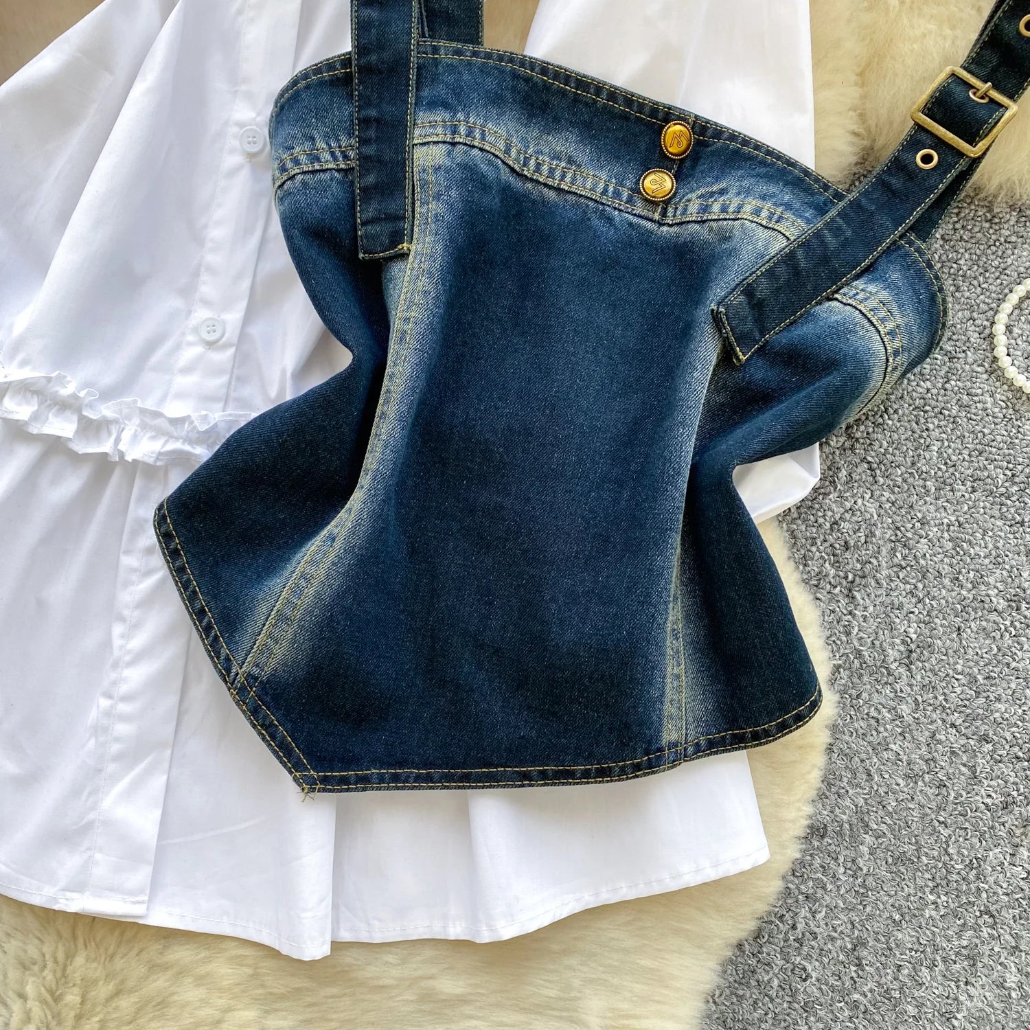 Spring Autumn Commute Sle Women's Faion Slimming Two-Piece Set High Waist Denim Belted Top Bot Ensemble Office Ready