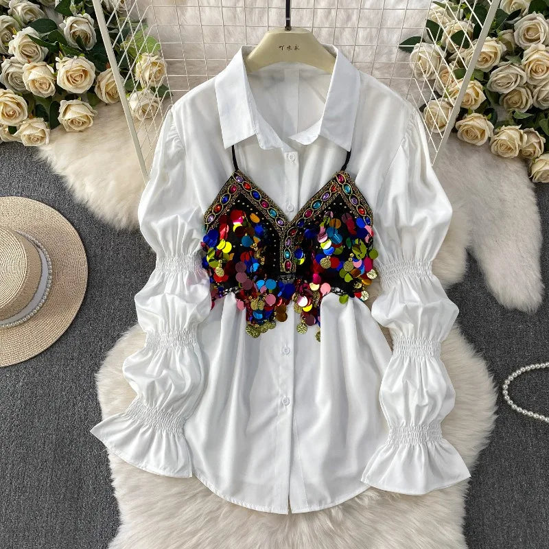 2 Piece Sets 2026 Women's Clothing Heavy Sequin Sking Vest Lantern Sleeve White Blouses Outfits Roupas Femme Chic Korean Suit