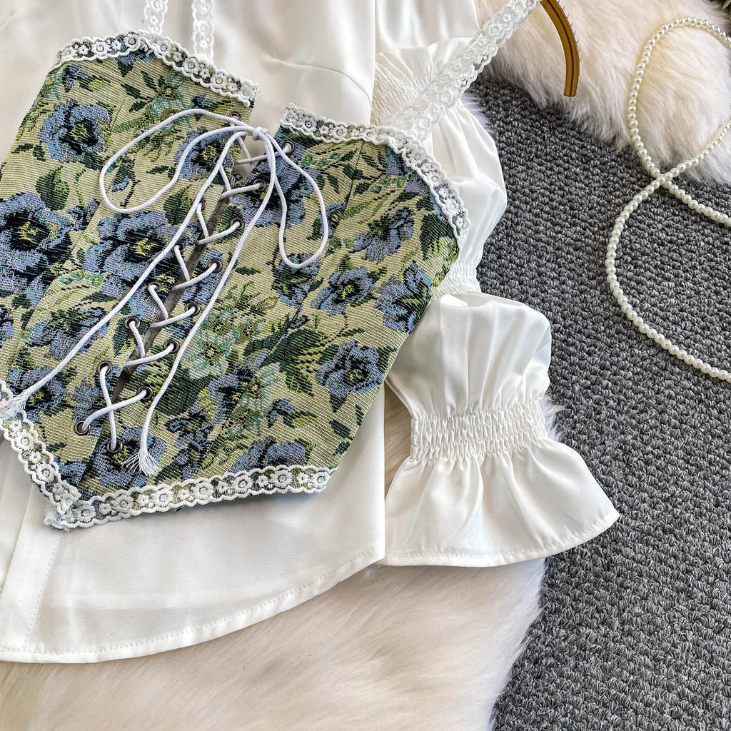 Retro Lace Patchwork Bell Sve irt Set Sweet Sle Slimming Waist Design Strap Top Versatile Long Sve Printed Casual Wear