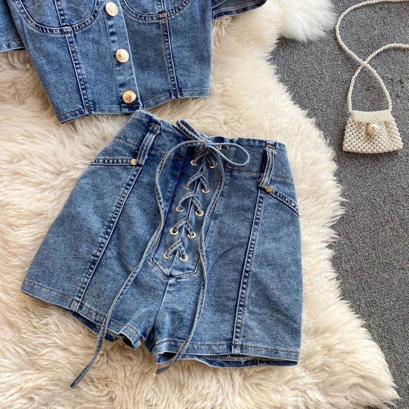 American vintage denim two - piece sets for women feature polo collars, hollow - out tops, and high waistband bandage hot shorts. - MODE SEPHRA