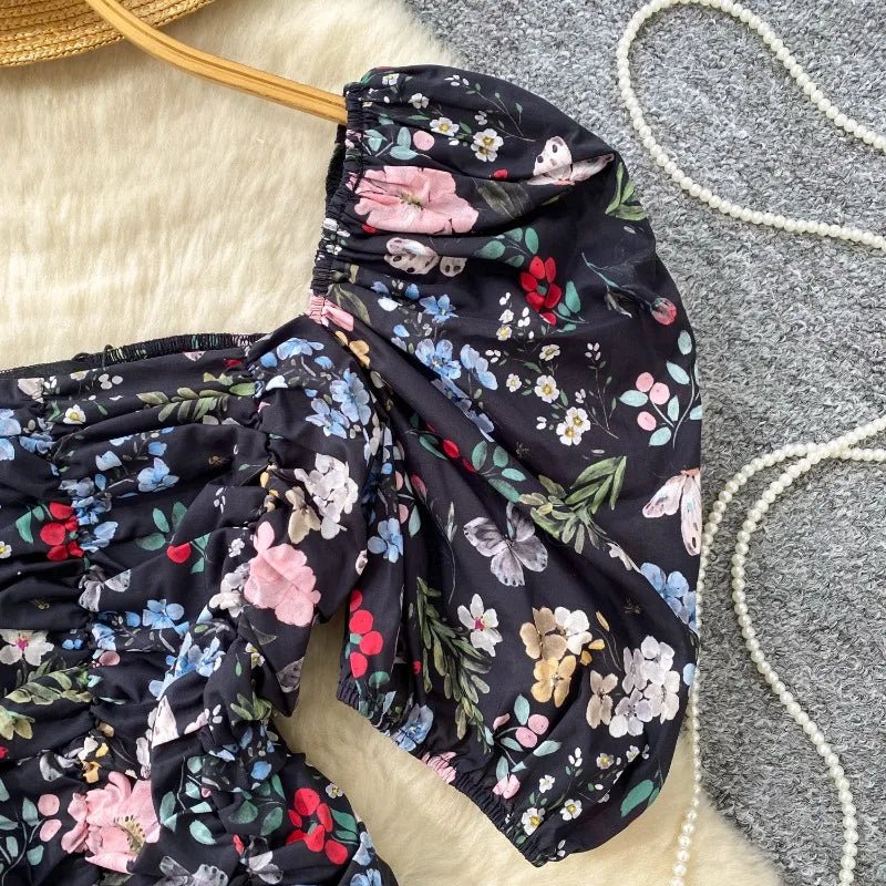 Blouses Fashion French Style Square Neck Bubble Sleeve Shirt Women Summer 2025 Pleated Waist Slim Fit Floral Top