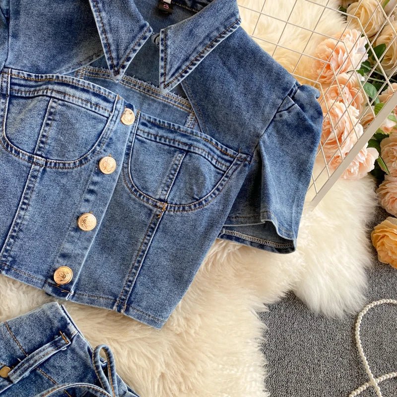 American vintage denim two - piece sets for women feature polo collars, hollow - out tops, and high waistband bandage hot shorts. - MODE SEPHRA