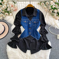 SuperAen Korean Style Office Lady Loose Lantern Sleeve Shirt Single-breasted V-neck Vest Denim Jacket Two-piece Sets