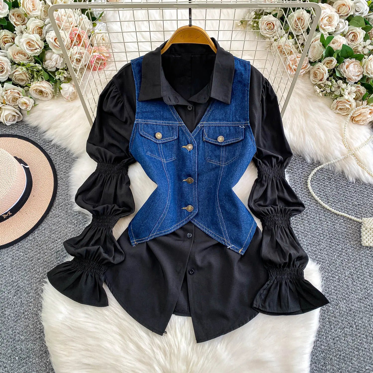 SuperAen Korean Style Office Lady Loose Lantern Sleeve Shirt Single-breasted V-neck Vest Denim Jacket Two-piece Sets