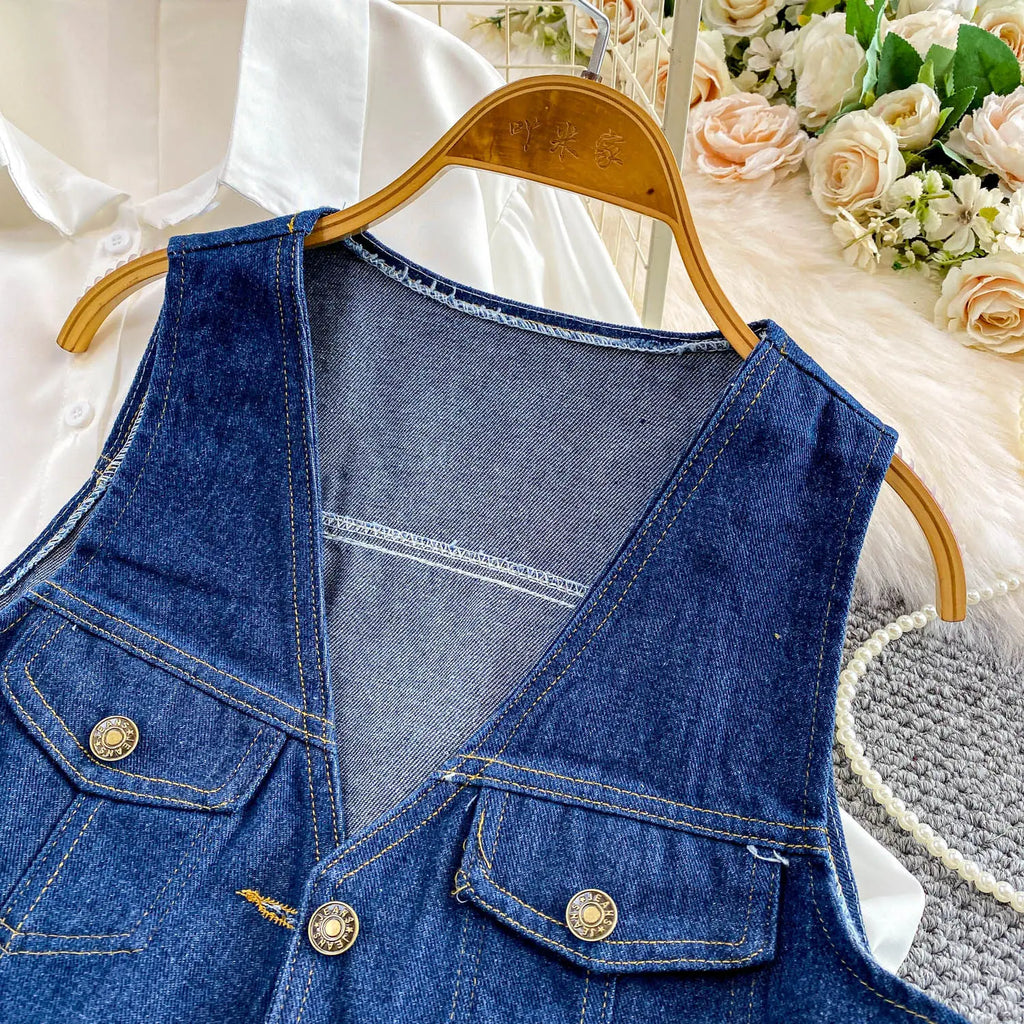 SuperAen Korean Style Office Lady Loose Lantern Sleeve Shirt Single-breasted V-neck Vest Denim Jacket Two-piece Sets