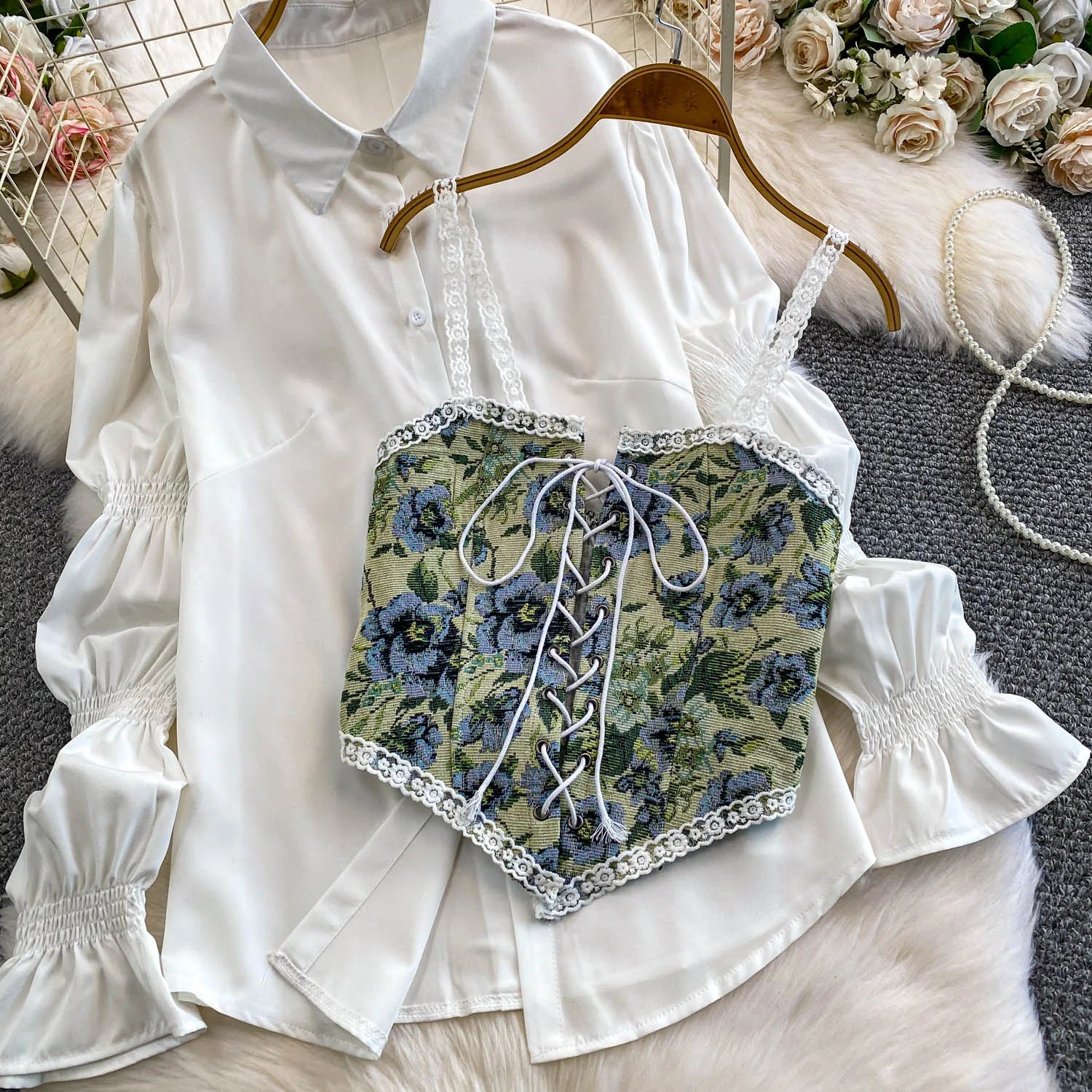 Retro Lace Patchwork Bell Sve irt Set Sweet Sle Slimming Waist Design Strap Top Versatile Long Sve Printed Casual Wear