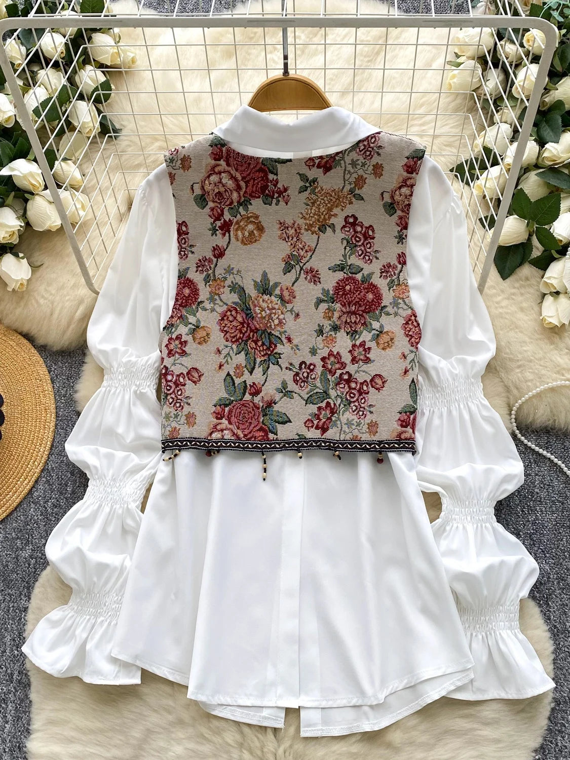 Retro Tassel Trim Embroidered Vest Loose Casual Bubble Sve irt Autumn Wear Two-Piece Set Women's Faion Casual Outfit