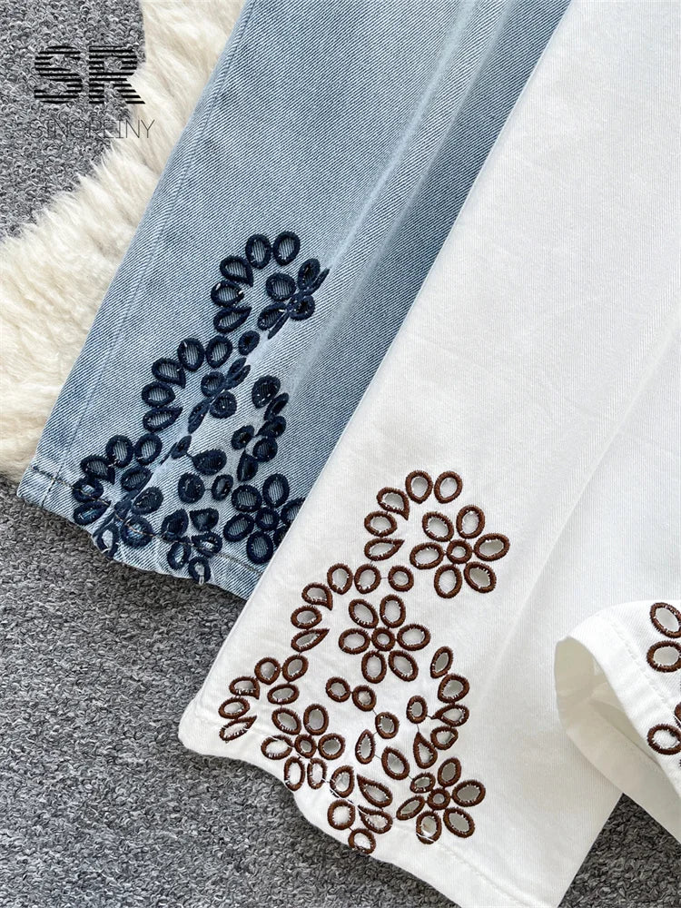 SINGREINY Ethnic Style Retro Jeans Ladies Zipper Embroidery Hollow Out Long Trousers 2025 Autumn Vacation Casual Wide Leg Pants