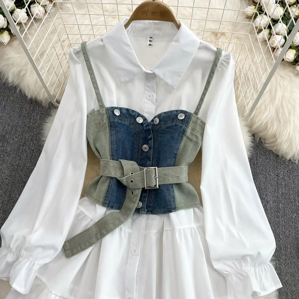 Two-piece Set White Shirt + Denim Vest Autumn 2024 Retro Long Sleeved Single Breasted Shirt Dress