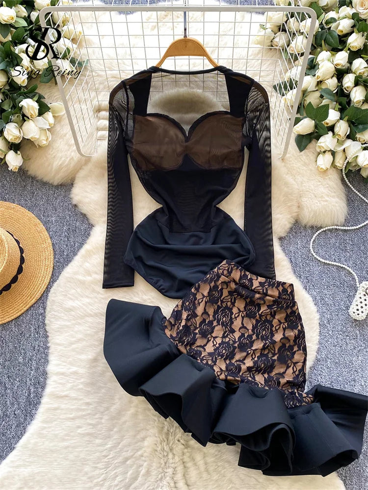 SINGREINY Sexy Floral Lace Suit Mesh Sheer Slim Bodysuit+Ruffles Mini Mermaid Skirt Ladies Retro Luxury Ball Party 2 Pieces Sets