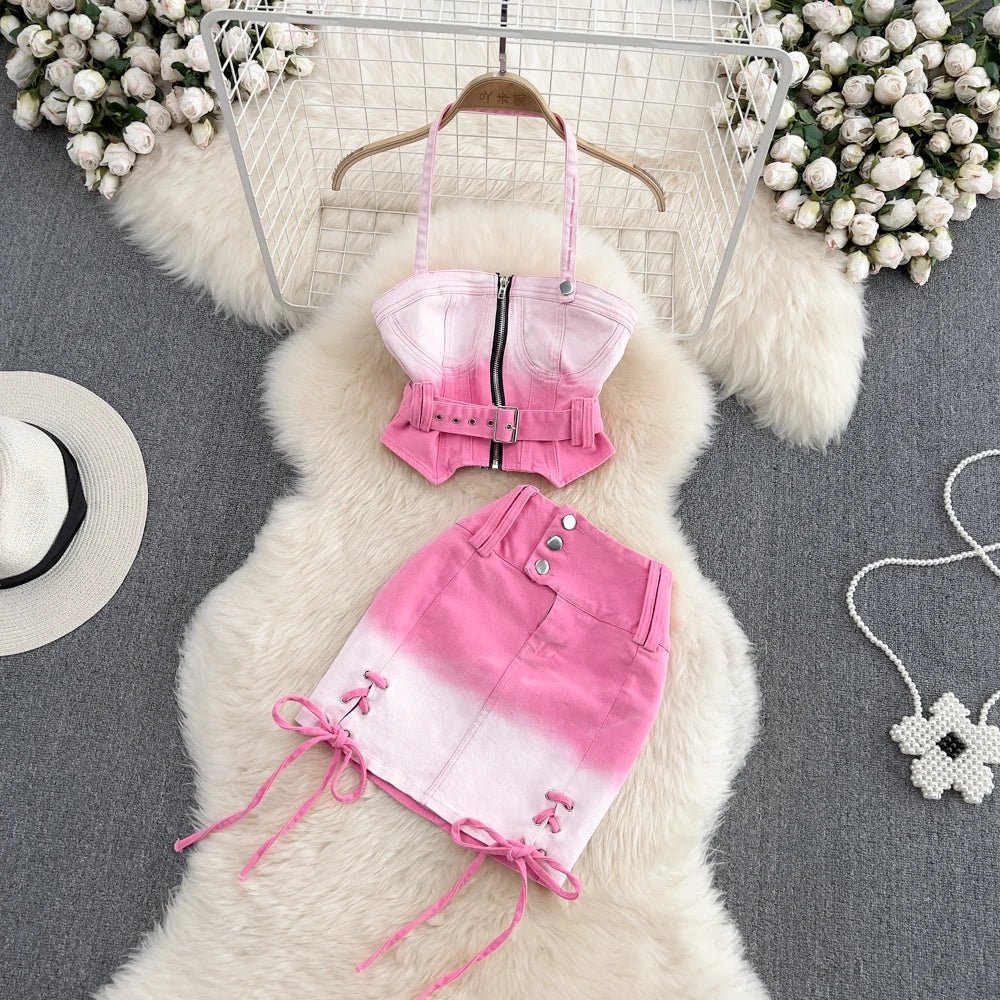 A two-piece set of pink gradient jeans skirts, a sleeveless camisole vest top, and a mini bodycon strap skirt, perfect for summer fashion.