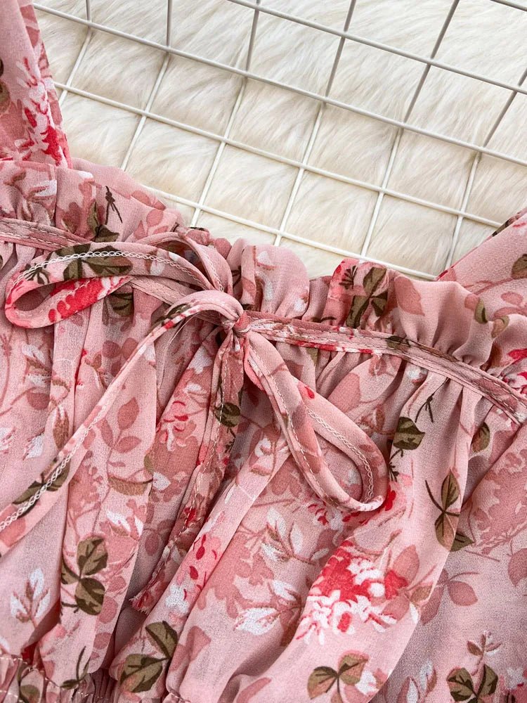 Women Spring Korean Version of The Retro Square Neck Puff Sleeve Lotus Leaf Floral Chiffon Short Blouse Tops Female D0749