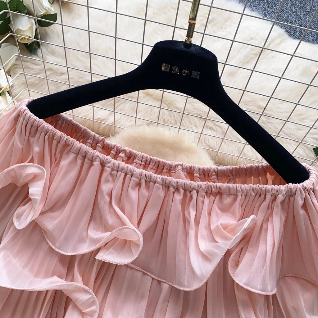 New Summer Sweet Chic Slash Neck Folded Ruffles Chiffon Shirt Women's Sexy Sleeveless Black White Short Blouses Pullover Tops