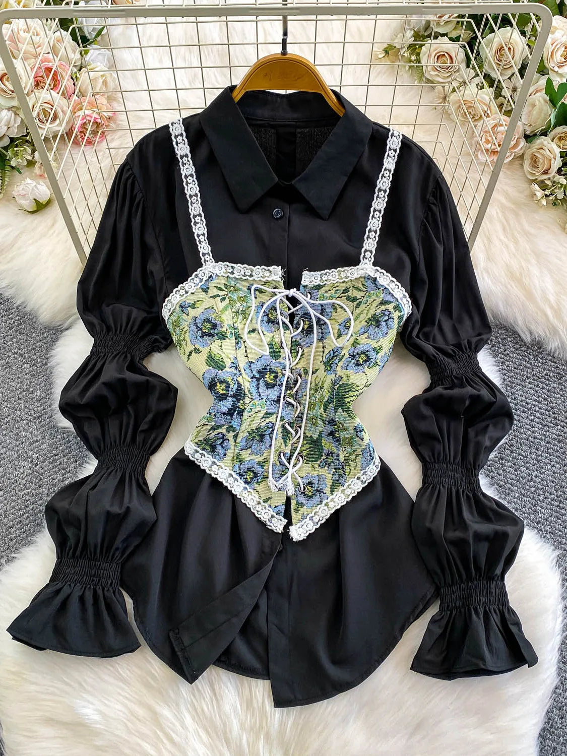 Retro Lace Patchwork Bell Sve irt Set Sweet Sle Slimming Waist Design Strap Top Versatile Long Sve Printed Casual Wear