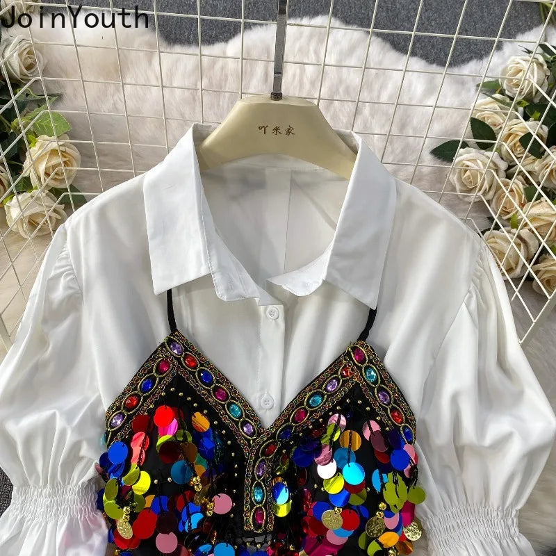 2 Piece Sets 2026 Women's Clothing Heavy Sequin Sking Vest Lantern Sleeve White Blouses Outfits Roupas Femme Chic Korean Suit