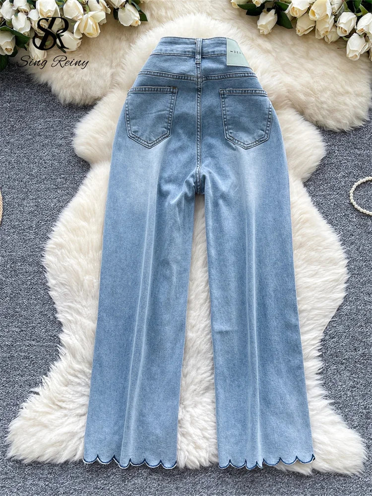 SINGREINY American Retro Denim Pants Female Zipper Buttons Design Wide Legs Trousers 2025 Fashion Embroidery Flower Solid Jeans