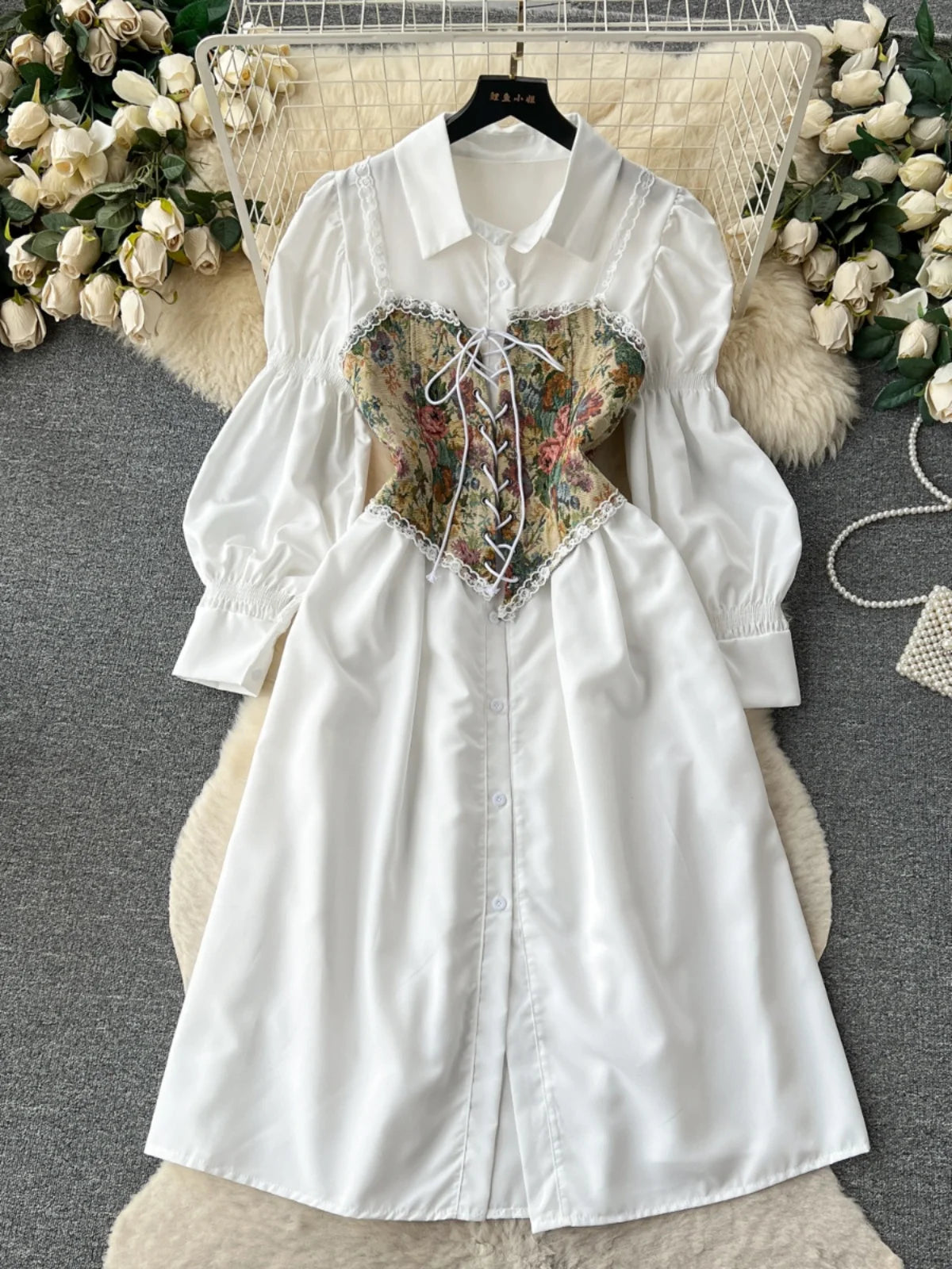 Early Autumn Light Court Sle Bubble Sve Single Button irt Dr Strap Print  Vest Two Piece Set Women's Faion