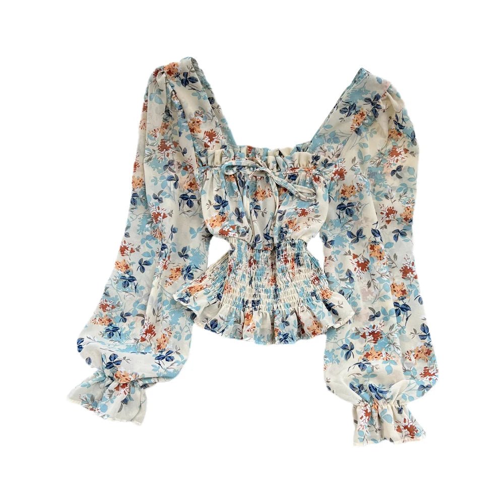 Women Spring Korean Version of The Retro Square Neck Puff Sleeve Lotus Leaf Floral Chiffon Short Blouse Tops Female D0749