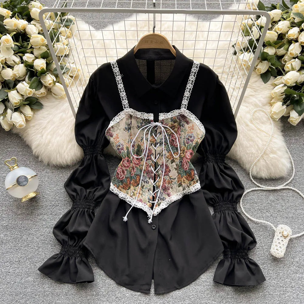 Spring Summer New Design Retro Patterned Belted Outerwear Small Vest Midi Length A-Line Puffy irt Dr Korean Sle Loose Fit