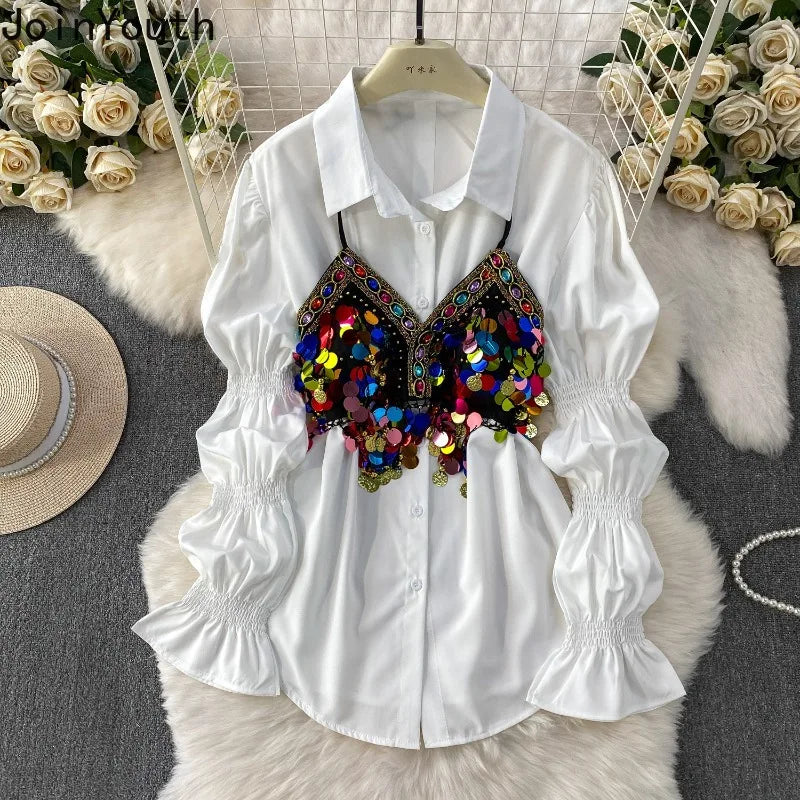 2 Piece Sets 2026 Women's Clothing Heavy Sequin Sking Vest Lantern Sleeve White Blouses Outfits Roupas Femme Chic Korean Suit