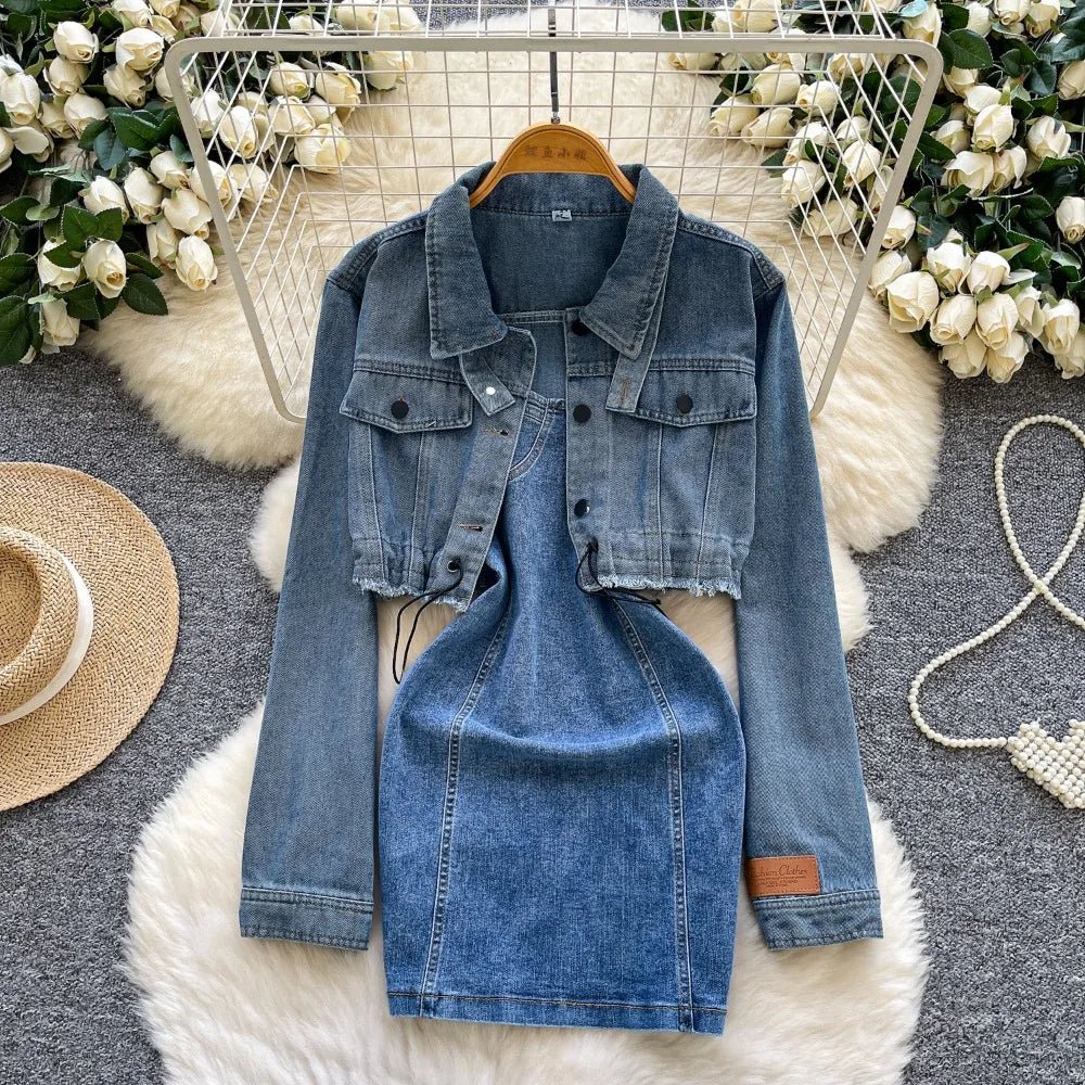 Chic denim two-piece set, including a slim-fit short cardigan and a simple casual office lady vintage suit dress.