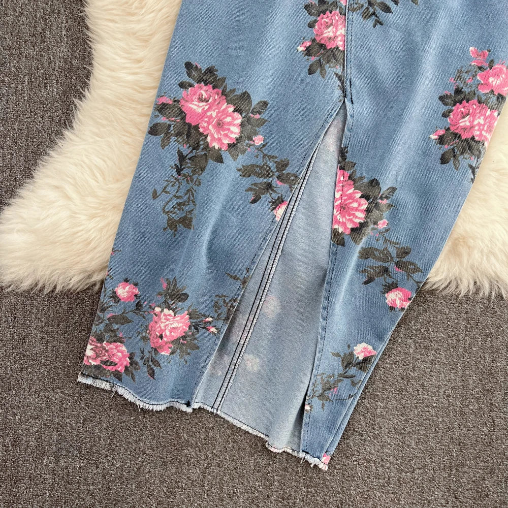 Women 2 Piece Set Denim Fashion Female Hot Girl Chic Sexy Sling Top High Waist Irregular Split Skirt Summer Lady Suit