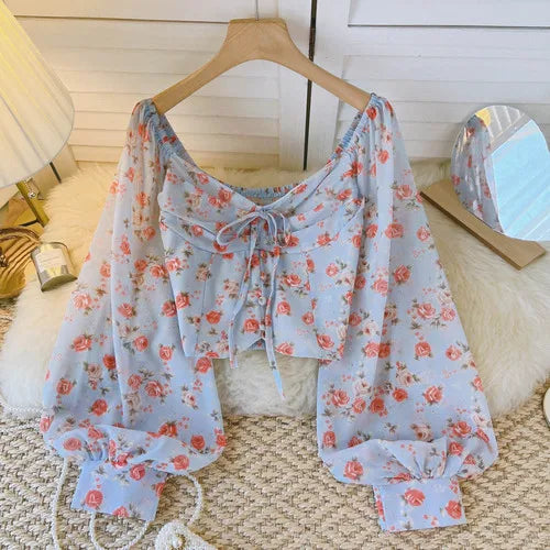 Chiffon Women Blouse New Arrival Bare Midriff Long Puff Sleeve Floral Print Lace Up Skinny Blusa Autumn Versatile Tops Dropship