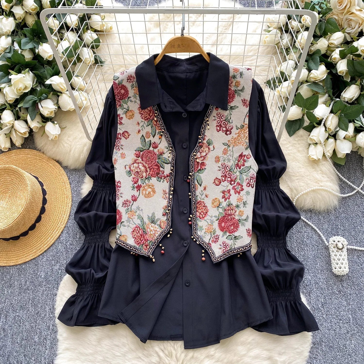 Retro Tassel Trim Embroidered Vest Loose Casual Bubble Sve irt Autumn Wear Two-Piece Set Women's Faion Casual Outfit