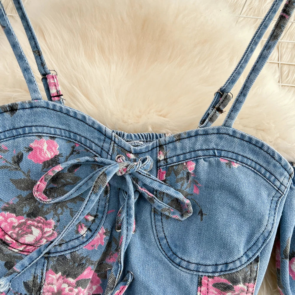 Women 2 Piece Set Denim Fashion Female Hot Girl Chic Sexy Sling Top High Waist Irregular Split Skirt Summer Lady Suit