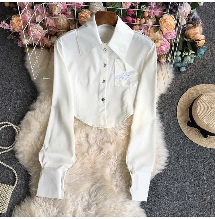 Chic casual solid crop top women’s blouse with a turn-down collar, single-breasted, long sleeves, and shirts.