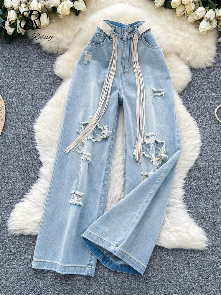 SINGREINY Fashion Korean Casual Long Pants Female High Waist Hole Lace Splice Denim Trousers Streetwear Loose Wide Legs Jeans