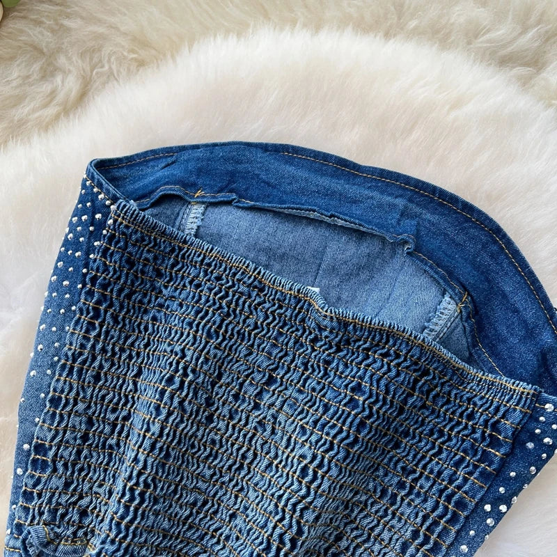 Fashion Rhinestone Set Women's Summer Retro Versatile Sleeveless Strapless Vest+high Waisted Denim Trumpet Pants