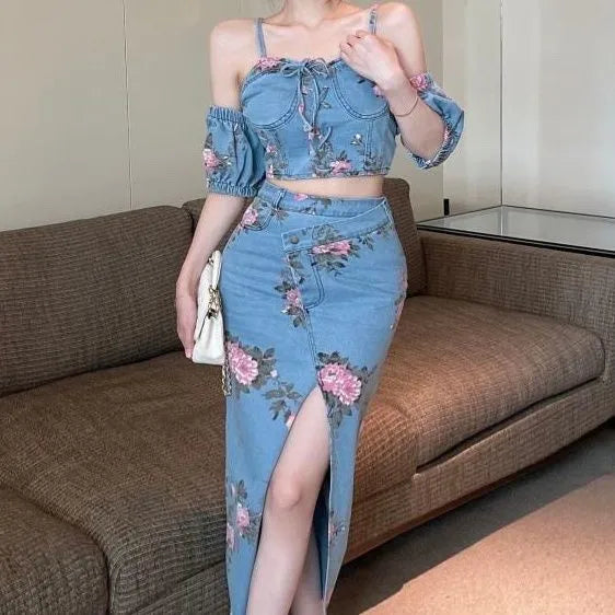 Women 2 Piece Set Denim Fashion Female Hot Girl Chic Sexy Sling Top High Waist Irregular Split Skirt Summer Lady Suit
