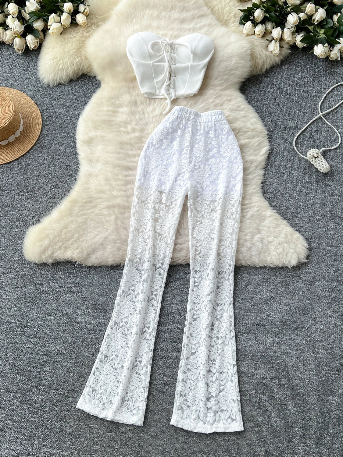 Women's Slim Fit Lace Casual Pants Tie Design Svel Crop Top High Waist Butt Covering Summer Faion Set Two Pieces