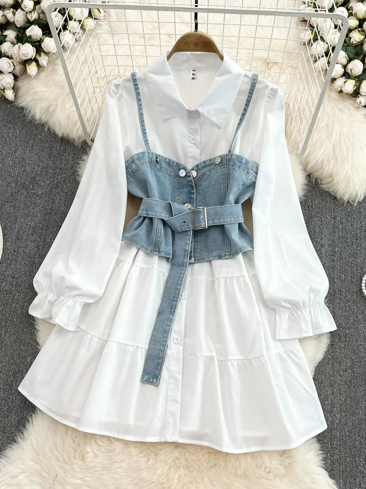 New Spring Autumn New Fashion Casual Suit Female Korean Loose White Shirt Dress Slim Vest Dress Two-piece Set GD786