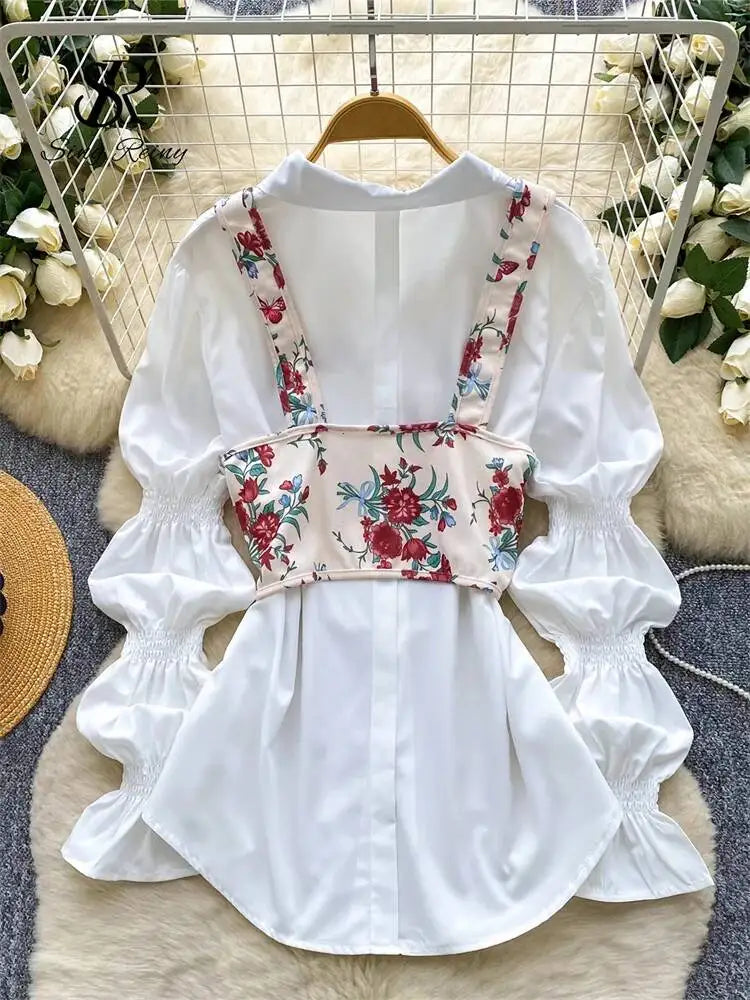 Korean Style Vintage Shirt Sets Women Lapel Puff Sleeves Loose Top+Lace Up Print Camis Fashion Vacation Retro Blouse