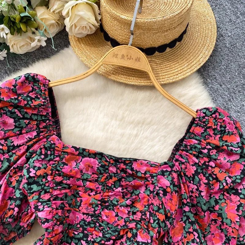 Blouses Fashion French Style Square Neck Bubble Sleeve Shirt Women Summer 2025 Pleated Waist Slim Fit Floral Top