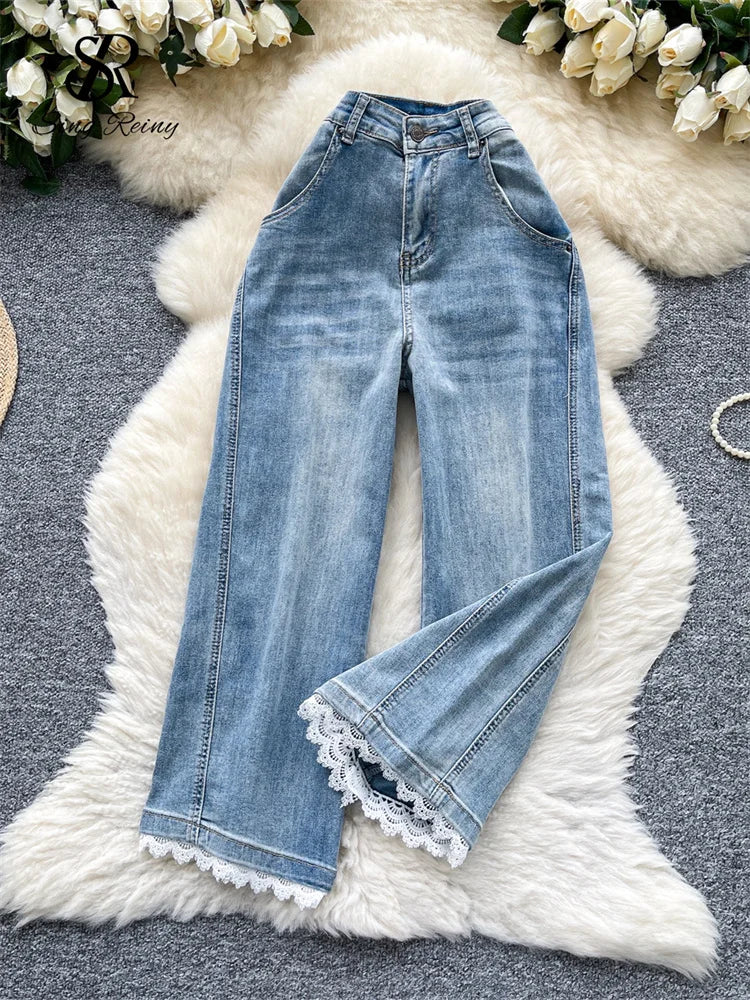 SINGREINY American Retro Denim Pants Women's Pockets Chic Casual Wide Legs Trousers Autumn Fashion High Waist Lace Splice Jeans