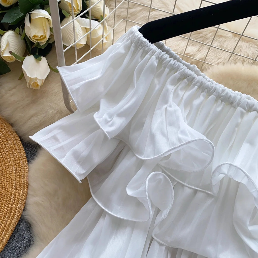 New Summer Sweet Chic Slash Neck Folded Ruffles Chiffon Shirt Women's Sexy Sleeveless Black White Short Blouses Pullover Tops