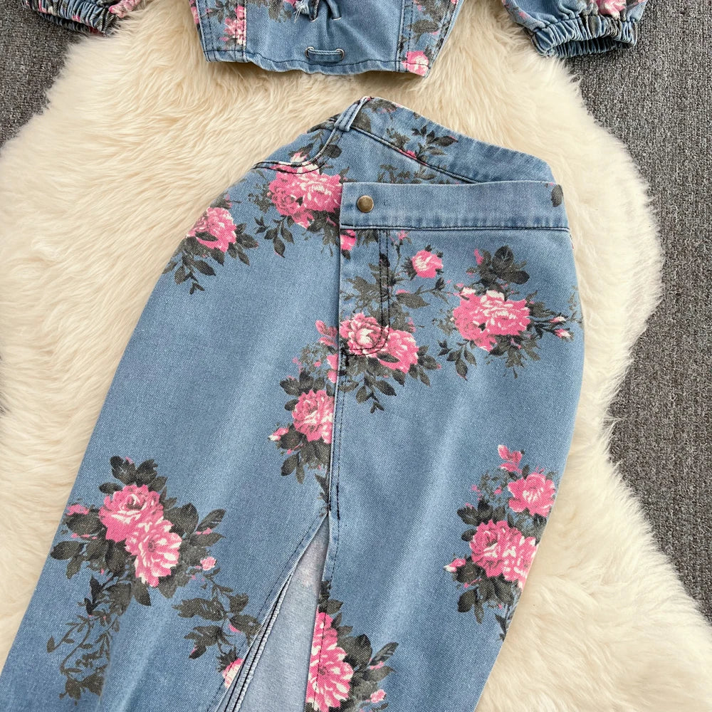 Women 2 Piece Set Denim Fashion Female Hot Girl Chic Sexy Sling Top High Waist Irregular Split Skirt Summer Lady Suit