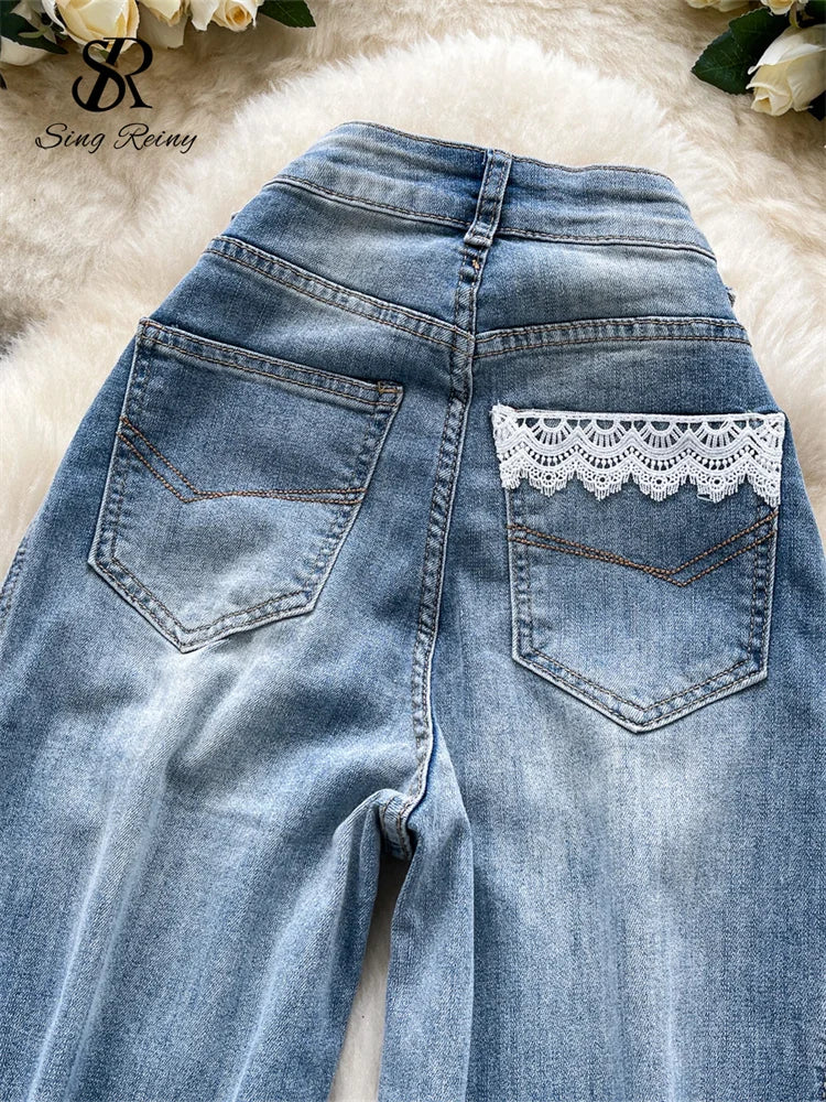 SINGREINY American Retro Denim Pants Women's Pockets Chic Casual Wide Legs Trousers Autumn Fashion High Waist Lace Splice Jeans