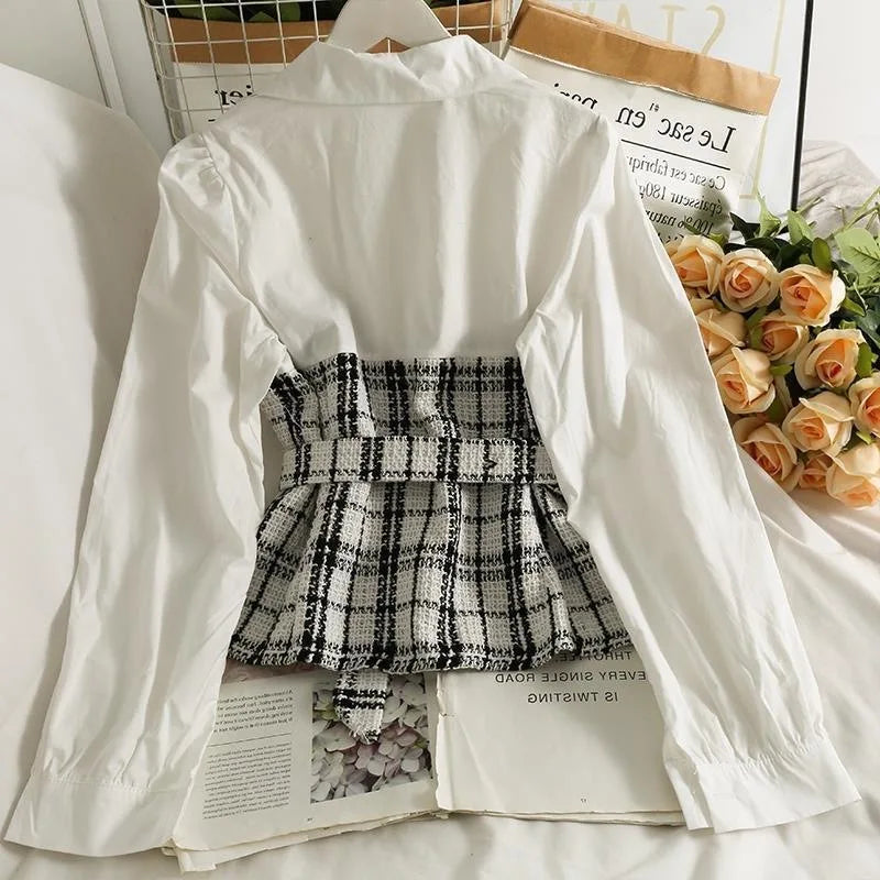 Retro Korean Style Patchwork Wide Stripe Woolen Fabric Fake Two-Piece Long Sleeve Shirt High Waist Belted Slim Fit Polo Collar