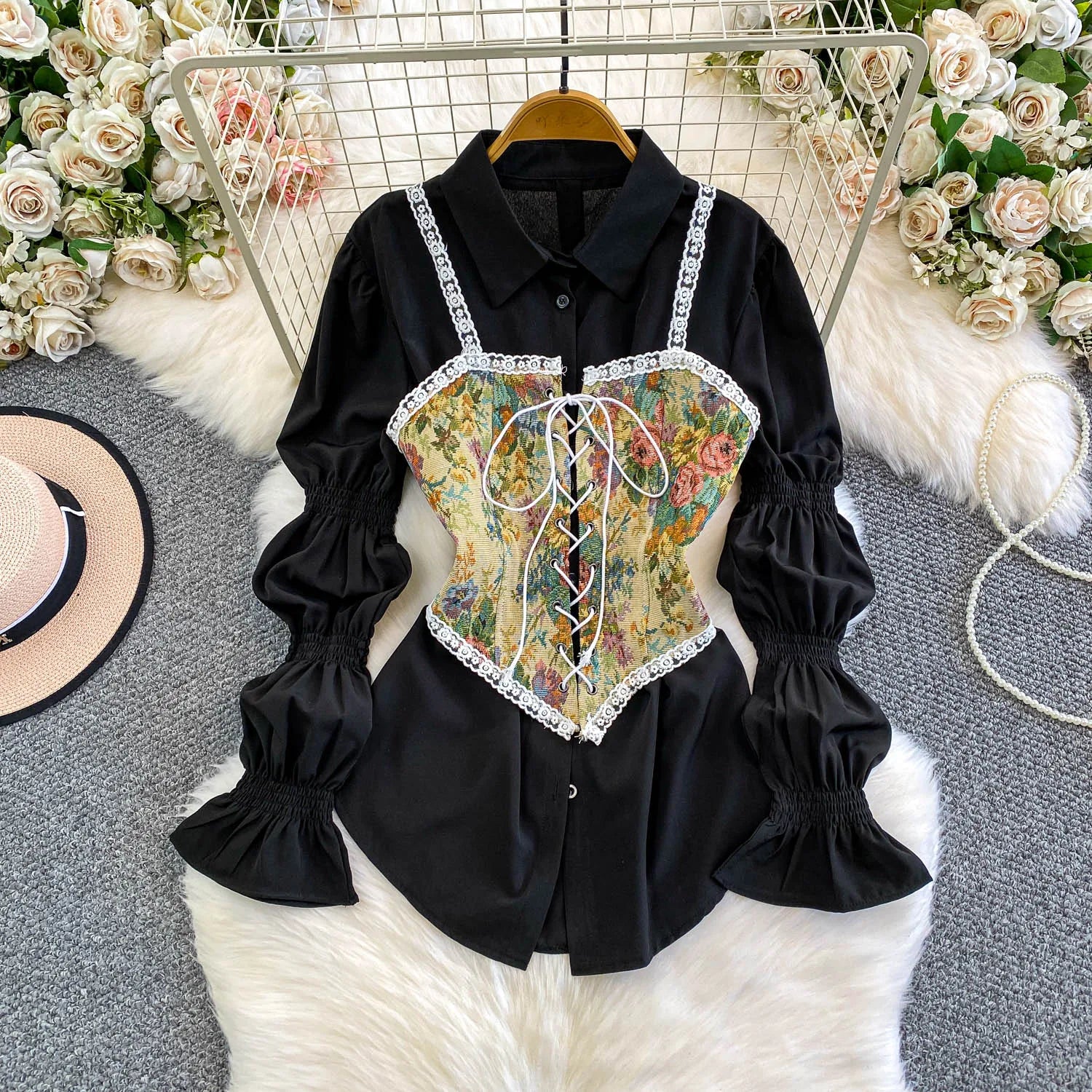 Retro Lace Patchwork Bouffant Sve Slimming Belted Sweet Sle Lantern Sve irt Set Women's Casual Faion Top