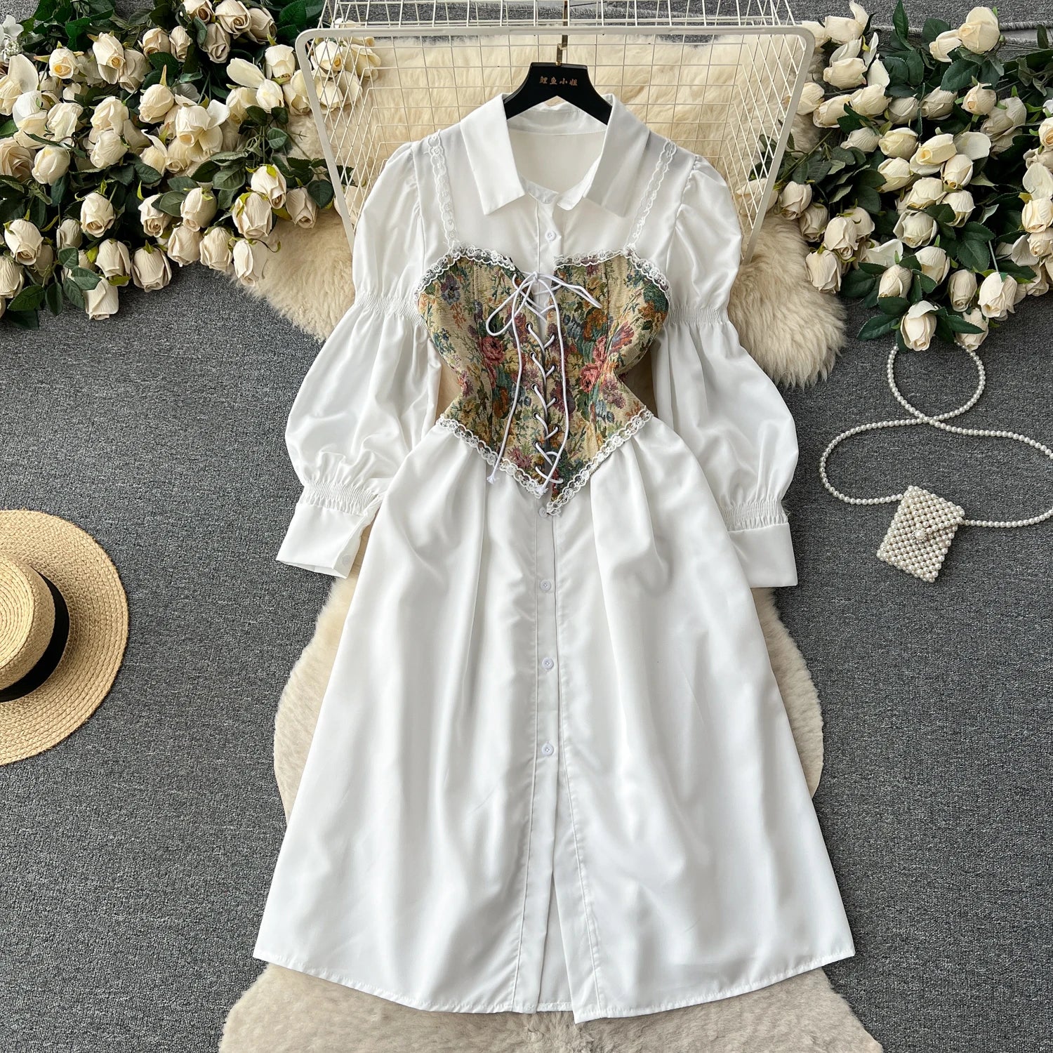 Early Autumn Light Court Sle Bubble Sve Single Button irt Dr Strap Print  Vest Two Piece Set Women's Faion