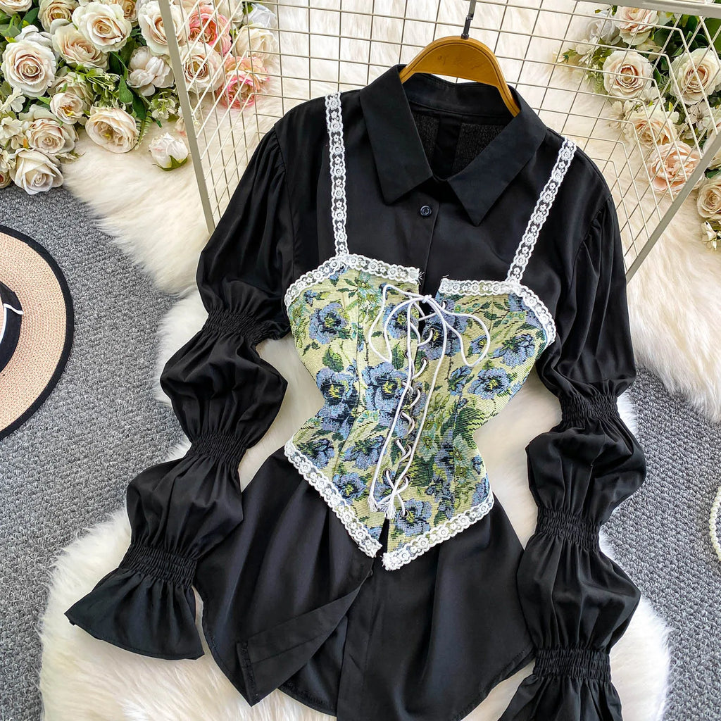 Retro Lace Patchwork Bell Sve irt Set Sweet Sle Slimming Waist Design Strap Top Versatile Long Sve Printed Casual Wear