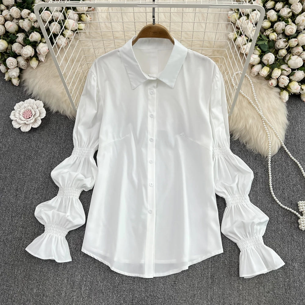 Loose Bubble Sve White irt Tank Top Set Korean Sle Commute Pure Color Long Sve  Collar Button Detail Regular Le...